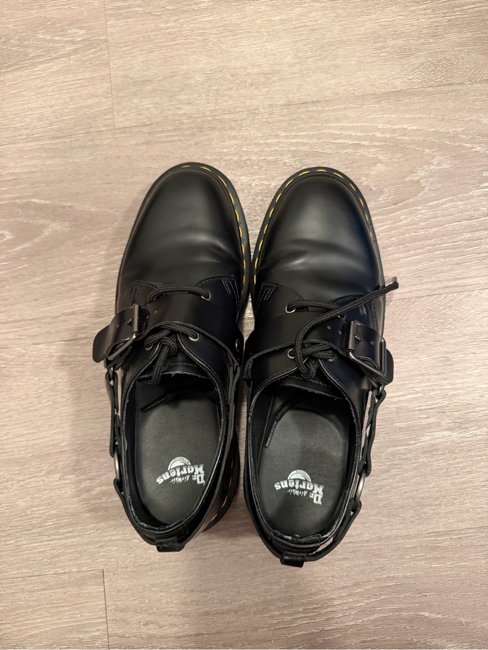 Dr. Martens Black Leather Buckle Lace-Up Boots with Yellow Stitching
